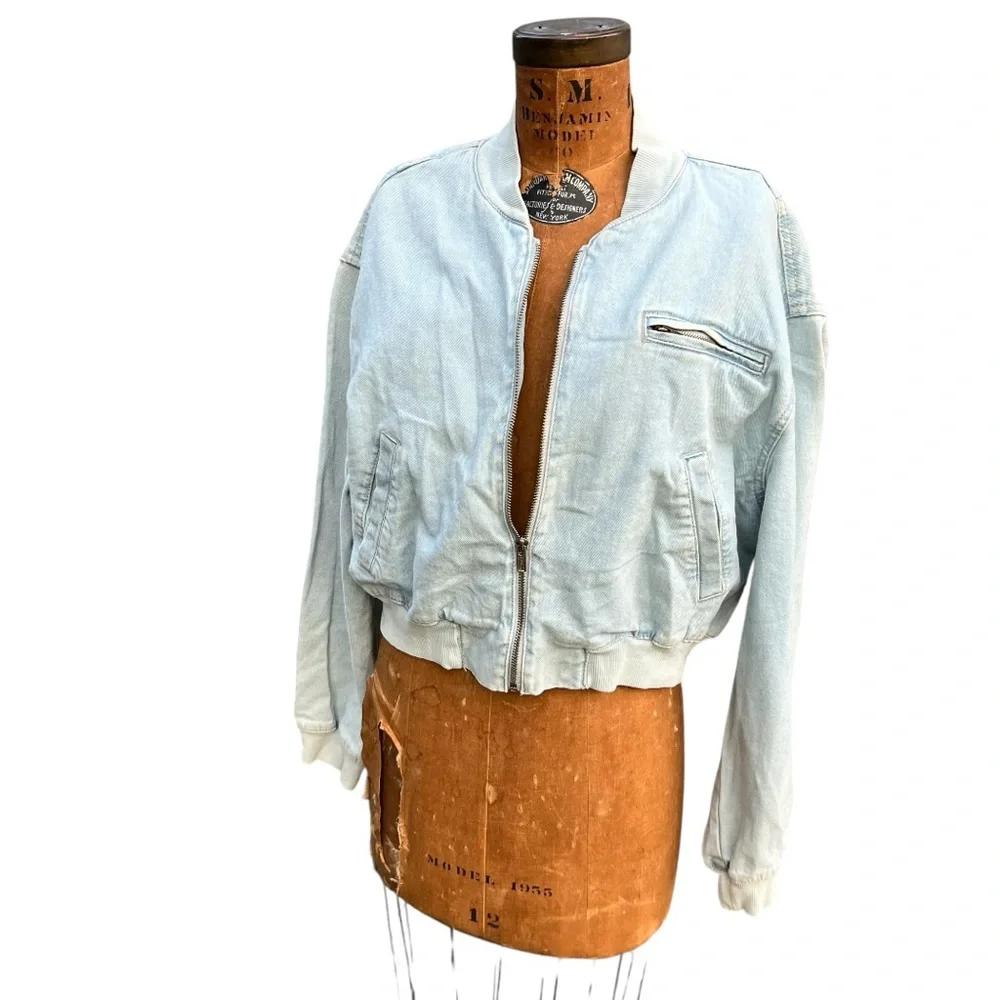 New Refuge Denim Pilot Bomber Sun Faded Boyfriend Jacket Grunge Casual Y2K NWT‎